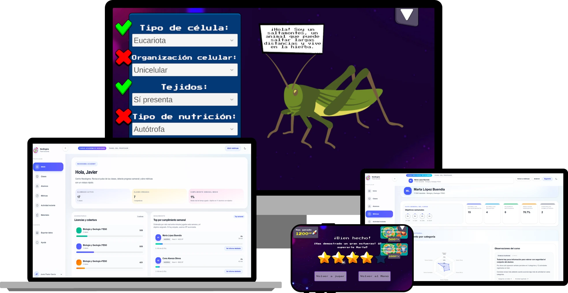 Vista de NeoDogma en una situación de juego con preguntas y seguimiento visual.
