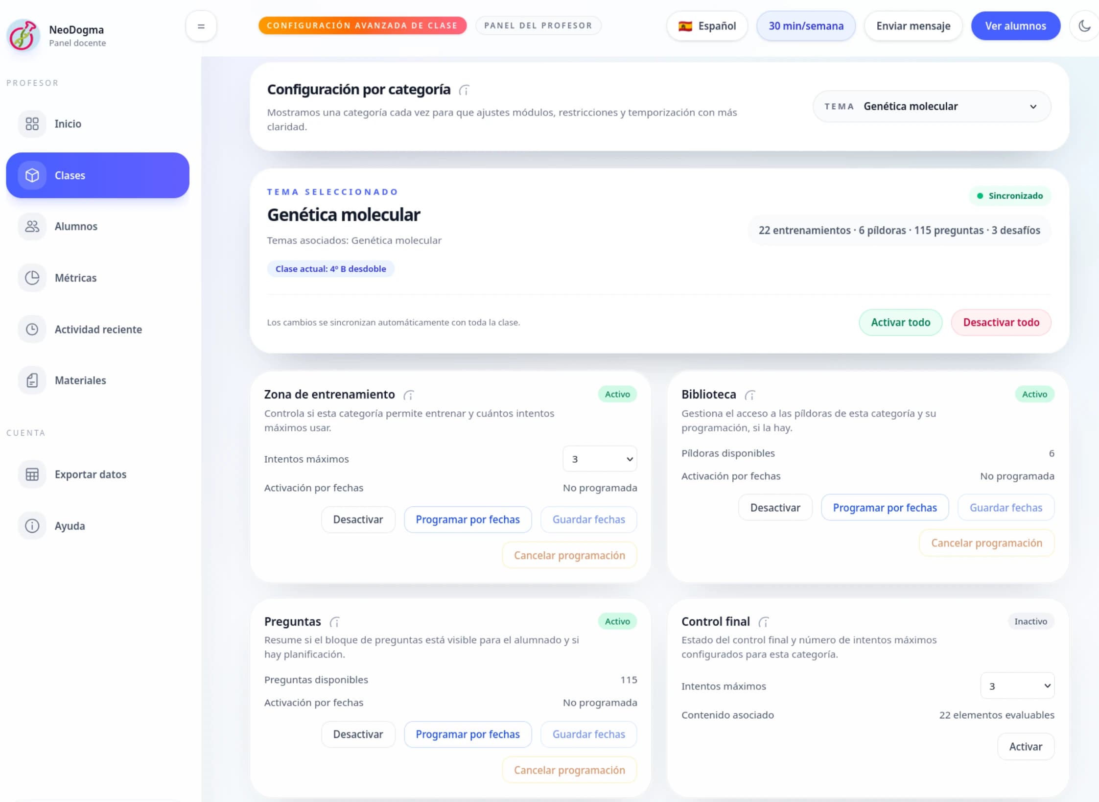 Panel docente de NeoDogma con configuración de clases, filtros y control de contenidos.