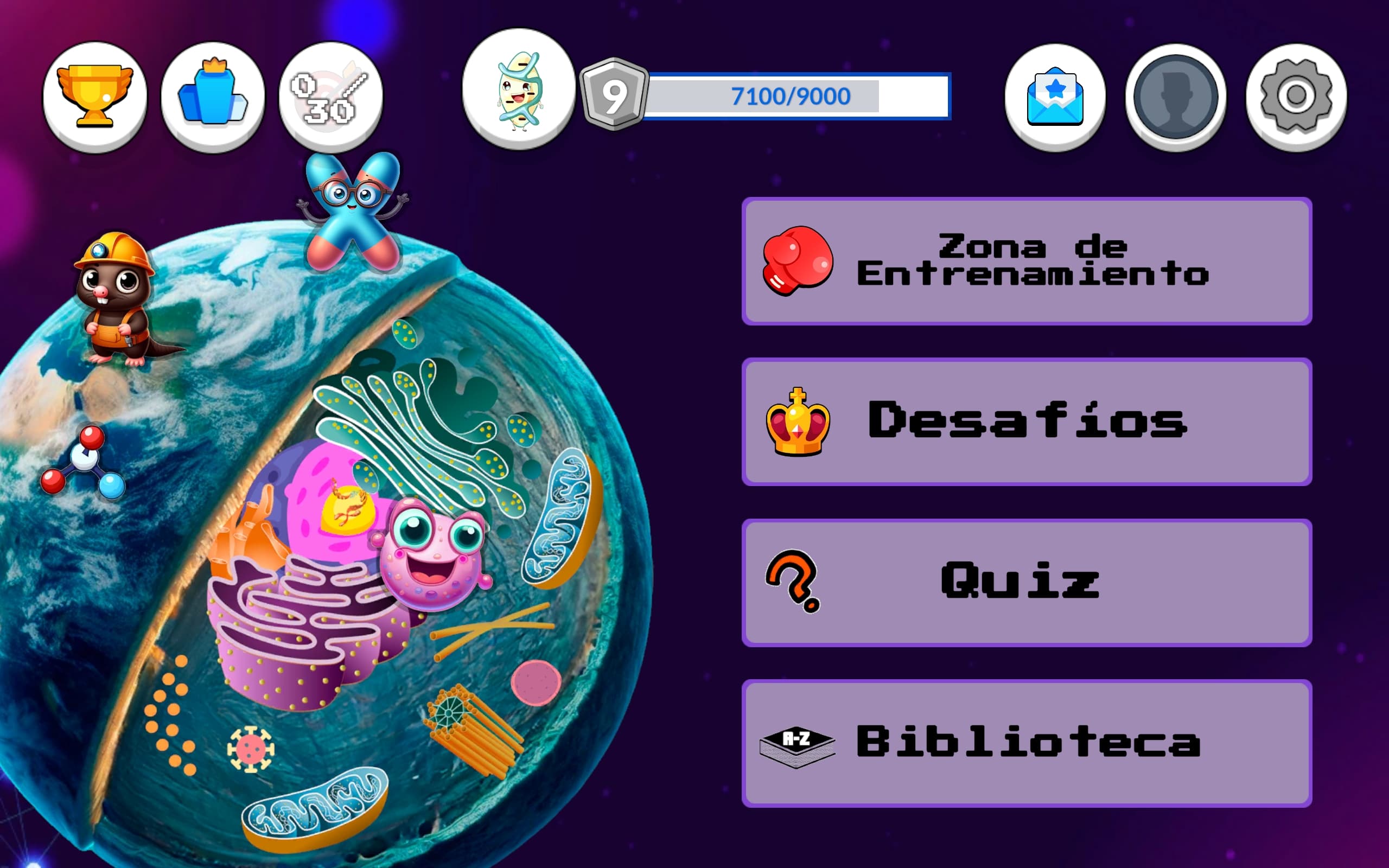 Composición visual del juego de NeoDogma con una escena principal de la experiencia del alumnado.